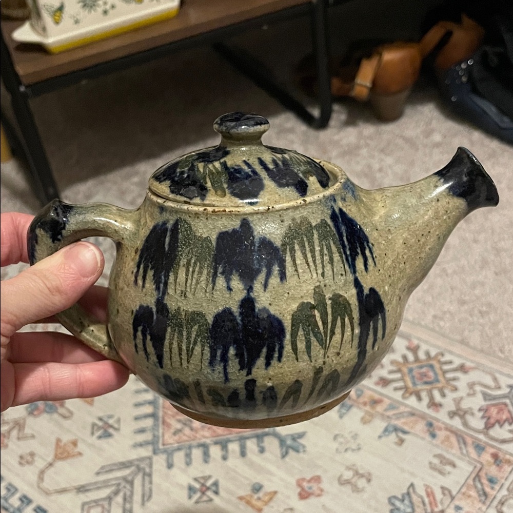 Handcrafted Ceramic Teapot with Blue and Cream Design